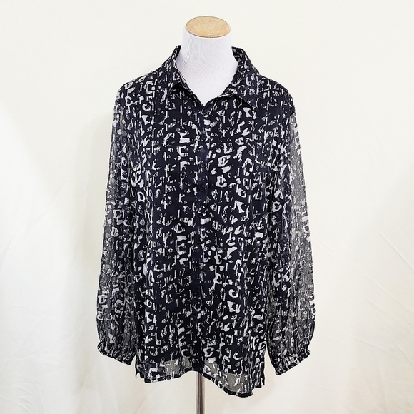 Astars sheer black leopard blouse metallic silver Long Sleeve Women's Large - Picture 1 of 7